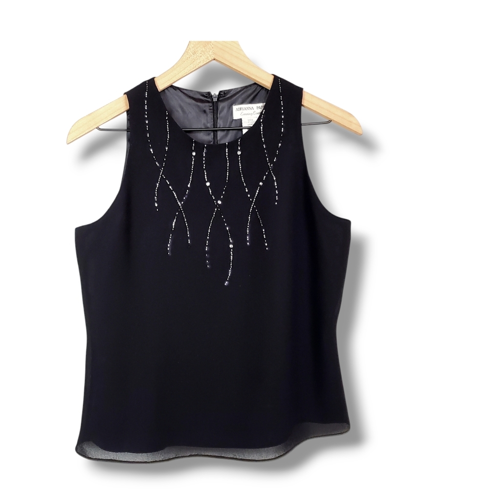 Adrianna Papell Boutique Black Floral Sequin Embroidered Beaded Top